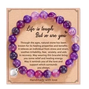 Inspirational Purple Stretch Beaded Bracelet with Heart Charm